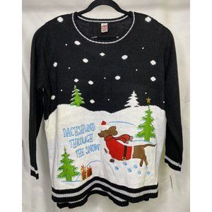 Christmas Sweater Dachshund Dog Snow  Ugly Women’s 2XL Black Silver Metallic Fun